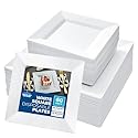 60 Plastic Square Plates for Party - 30 Dinner 9.5" & 30 Salad 6.5" White Heavy Duty Disposable Plates Set Reusable - Fancy Elegant Decorative Sturdy