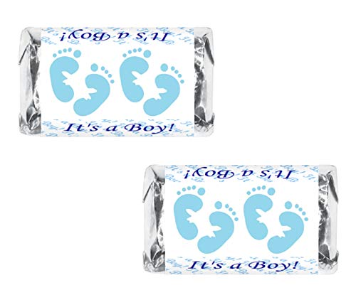 60 Blue Footprints Baby Shower Miniatures Candy Bar Wrapper, Its a Boy Baby Shower Mini Candy Bar Stickers Decorations, Candy Not Included. Made in