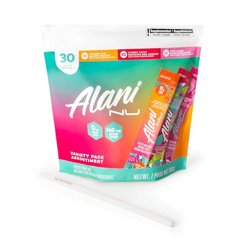 Alani_Nu Energy Drink Mix Variety Pack + QueBuy Reusable Straw (30 Count. Value Pack) - 200mg Caffeine - 0g Sugar - Orange Kiss, Cherry Slush & Pink