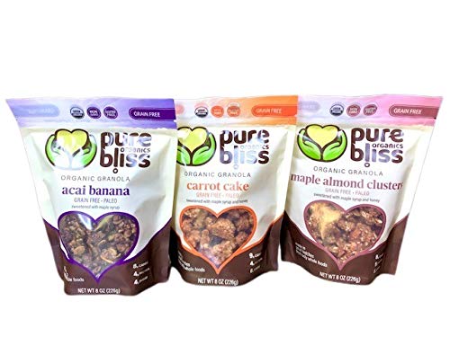 Pure Bliss Organics, Organic Paleo Granola Variety 3-Pack, 3 x 8.0 oz Pouches, 1 each of Grain Free Acai Banana, Grain Free Carrot Cake, Grain Free