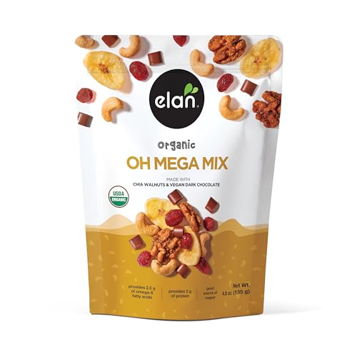 Elan Organic Oh Mega Mix, 4.8 oz, Vegan Dark Chocolate, Dried Fruits (Cranberries & Banana Chips), Nuts (Chia Walnuts & Roasted Cashews), Non-GMO