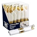 Pre Rolled Plastic Silverware Sets for Parties (25 Pack) Gold Cutlery Set, Disposable Spoons, Forks, Knives, Napkins Prewrapped, Heavy Duty Utensils