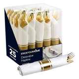 Pre Rolled Plastic Silverware Sets for Parties (25 Pack) Gold Cutlery Set, Disposable Spoons, Forks, Knives, Napkins Prewrapped, Heavy Duty Utensils