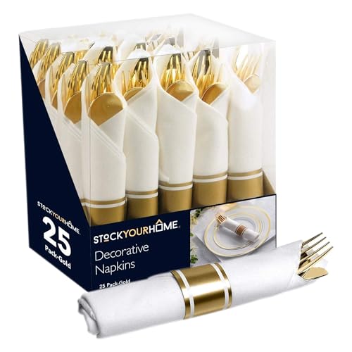 Pre Rolled Plastic Silverware Sets for Parties (25 Pack) Gold Cutlery Set, Disposable Spoons, Forks, Knives, Napkins Prewrapped, Heavy Duty Utensils