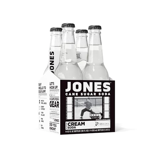 Four(4) Bottles - Jones Soda Co. Cream Soda Flavor | 100% Cane Sugar Soda | Craft Soda Pop | Soda Soft Drinks | Glass Bottle Soda