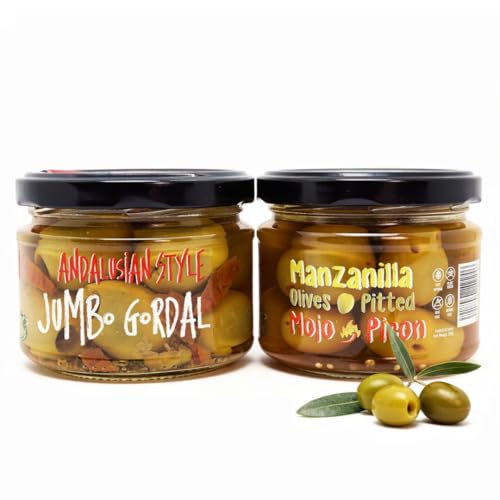 Green Olives Pitted | Spanish Olives | Andalusian Style & Spicy Mojo Picon | Olive Bar Gourmet Pairing | Perfect for Charcuterie & Cocktails | 10 oz