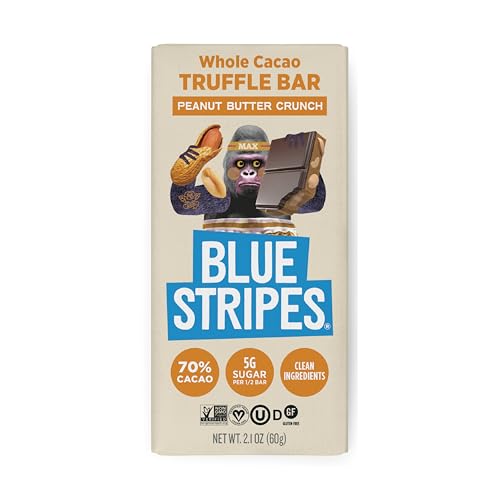 Blue Stripes - Peanut Butter Crunch Whole Cacao Truffle Chocolate Bars, 70% Cacao, Peanut Butter Crunch, Healthy Chocolate, Vegan, No Refined Sugar