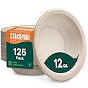 Stack Man Paper Bowls, 100% Compostable Disposable Soup Bowl [125-Pack] 12 oz. Heavy Duty, Eco-Friendly, Biodegradable Bagasse Hot Food Plates