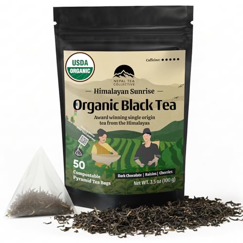 NEPAL TEA Organic Black Tea Bags from the Himalayas - 50 Pyramid Tea Bags in a Resealable Pouch - Single Origin from a Family Farm - Black Tea Bags