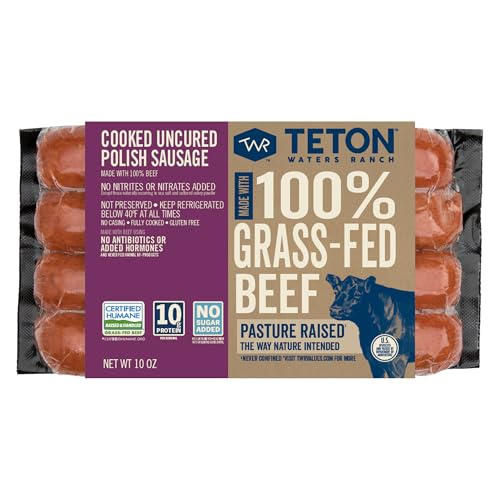 Teton Waters Ranch 100% Grass-Fed Beef Polish Sausage Links, Cooked Uncured Smoked Sausage, No Sugar Added, Certified Humane - 12oz