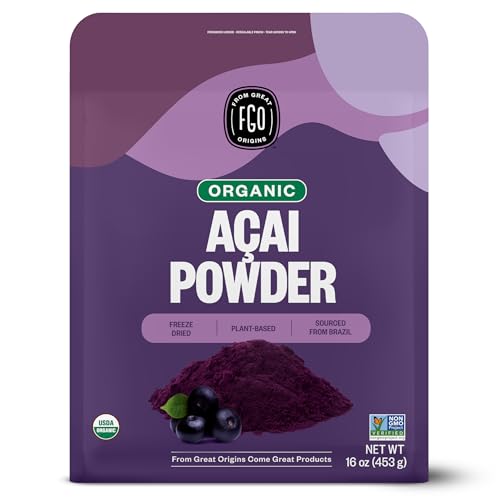 FGO Organic Acai Powder, 1 Pound / 16oz Bulk Resealable Pouch, Freeze Dried Superfood Berry from Brazil, No Sugar & Additives,Great for Drinks