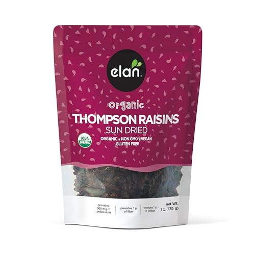 Elan Organic Sun-Dried Thompson Raisins, 7.9 oz, Dried Fruits, No Added Sugar, Non-GMO, Vegan, Gluten-Free, Kosher, Healthy Snacks, Naturally Sweet