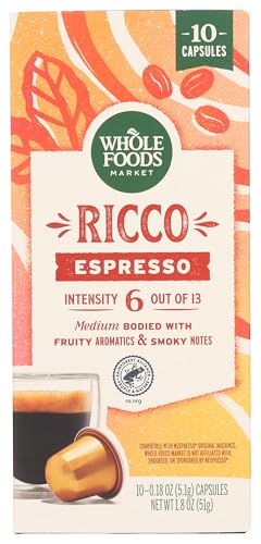 Whole Foods Market, Ricco Espresso Pods, Medium Bodied, Fruity Aromatics & Smoky Notes, 10 Count