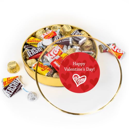 Valentine's Day Candy Gift Tin Gold Plastic Tin (Approx. 1lb, 60 pieces) Kisses, Miniatures & Peanut Butter Cups - Script Heart