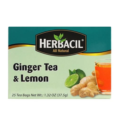 Herbacil Ginger & Lemon Tea, Herbal Blend with Ginger Root & Dehydrated Lemon, Caffeine-Free, All Natural, 6-pack of 25 bags per box (150 Tea Bags)