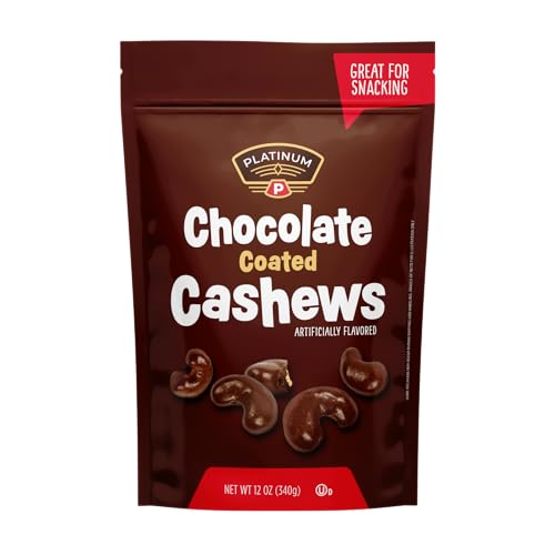 Platinum - Chocolate Coated Cashews 12 oz Resealable Pouch | Chocolate Candy Covered Flavored Cashew, Roasted Nuts | Individual Snack Packs for On