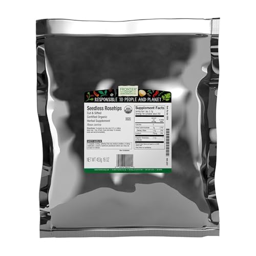 Frontier Co-op Organic Seedless Rosehips, Cut and Sifted - 100% Natural Dried Rose Hips for Rosehip Tea Organic, Powder, Oil - Kosher | 16 Ounce (Pack