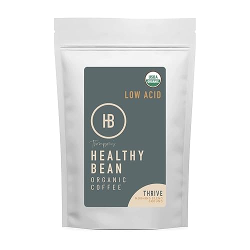 Healthy Bean Organic Ground Coffee Thrive Morning Blend - Low Acid Coffee Grounds for Sensitive Stomach - Medium Roast Blend, USDA Organic, High