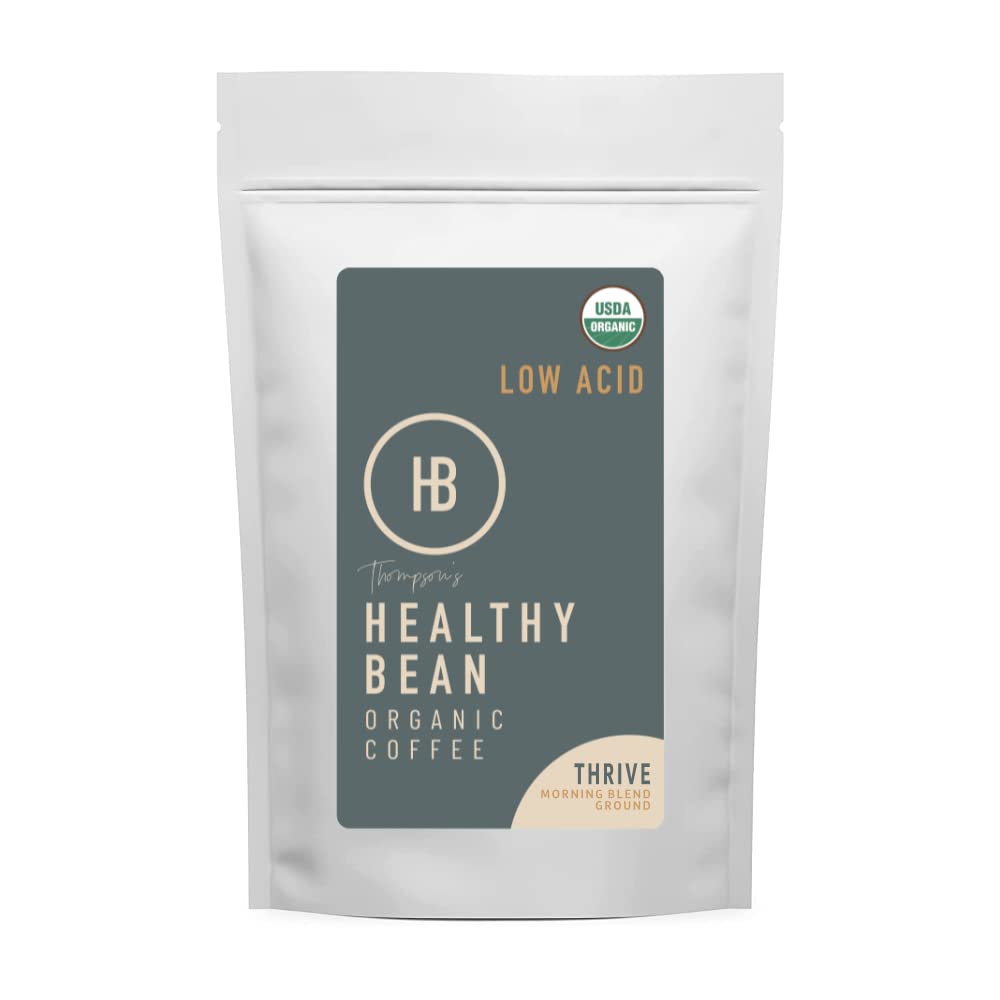 Healthy Bean Organic Ground Coffee Thrive Morning Blend - Low Acid Coffee Grounds for Sensitive Stomach - Medium Roast Blend, USDA Organic, High