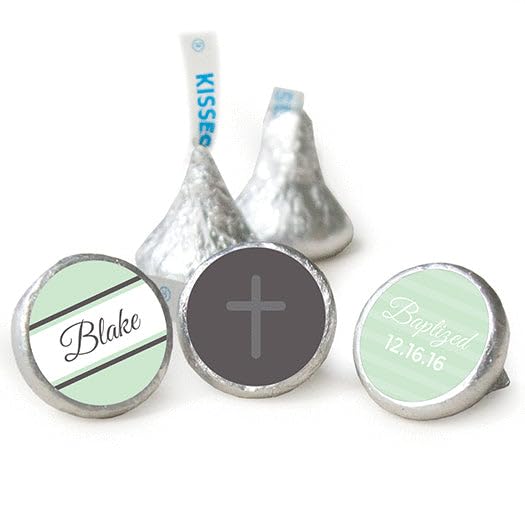 Personalized Green Baptism Stickers for Kisses Favors (108 Count)