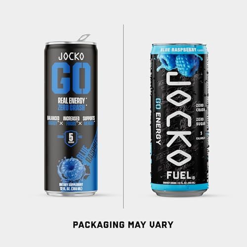 Jocko Fuel GO Energy Drinks, Blue Raspberry - 95mg Caffeine with Added Adaptogens, Vitamin B12 & B6, & L Theanine for Mood & Focus Support, No Sugar