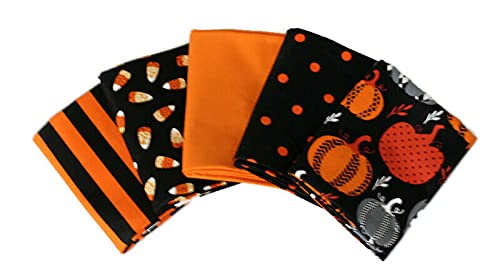 5 Fat Quarters - Halloween Bundle Pumpkins Stripes Solids Candy Corn Polka Dot Quality Cotton Fat Quarter Bundle M223.19