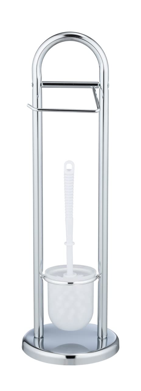 Toilet Paper Stand with Toilet Brush, Toilet Paper Holder Set, Free Standing Toilet Paper Holder, Stainless Steel, White, 7.5 x 7.5 x 24.8 in