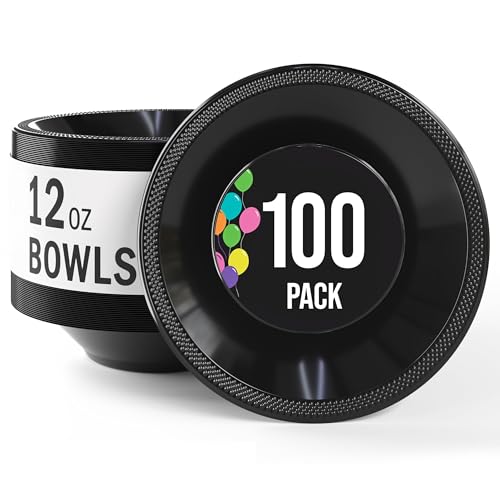 Exquisite Party Solids 12 Oz Black Plastic Bowls Disposable Bowls for Hot Food Soup 100 Pcs - For Soup, Salad, Cereal, Desserts & Party Supplies