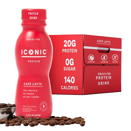 Iconic Protein Drinks, Café Latte (12 Pack) - Sugar Free & Low Carb - 20g Protein + 100mg Caffeine - Lactose Free, Gluten Free - Keto Friendly Protein