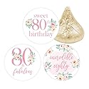 Pink Floral 80th Birthday Chocolate Kisses Candy Stickers, Pink 80 and Fabulous Birthday Party Favor Labels - 180 Count