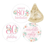 Pink Floral 80th Birthday Chocolate Kisses Candy Stickers, Pink 80 and Fabulous Birthday Party Favor Labels - 180 Count
