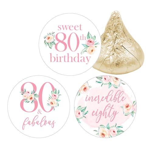 Pink Floral 80th Birthday Chocolate Kisses Candy Stickers, Pink 80 and Fabulous Birthday Party Favor Labels - 180 Count