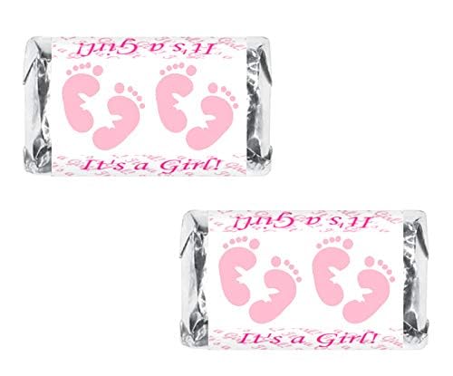 60 Pink Footprints Baby Shower Miniatures Chocolate Candy Bar Wrapper, Its a Girl Baby Shower Mini Candy Bar Stickers Decorations, Candy Not Included