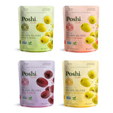 Poshi Natural Whole Pitted Olives | 24 Pack Variety | Basil & Garlic, Chili & Oregano, Chili + Garlic, Lemon & Rosemary | Vegan, Kosher, Gluten Free +