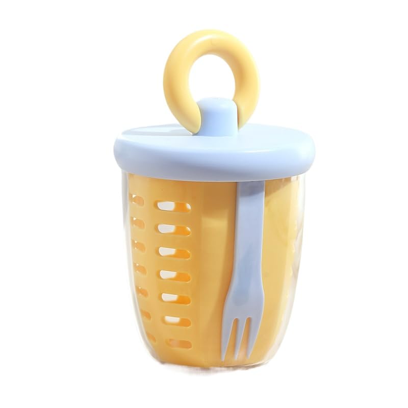 WASTROYAL Portable Fruit Cup with Built-in Fork, Leakproof Double-Layer Snack Shaker Container for School Office Travel, Fresh Fruit Storage (Yellow)