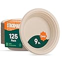 Deep Dish Paper Plates, Heavy Duty Disposable Dinner Plates [125-Pack] 9 Inch Plates - 100% Compostable Eco-Friendly, Biodegradable Sugarcane Bagasse