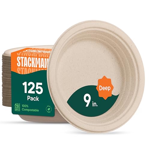 Deep Dish Paper Plates, Heavy Duty Disposable Dinner Plates [125-Pack] 9 Inch Plates - 100% Compostable Eco-Friendly, Biodegradable Sugarcane Bagasse