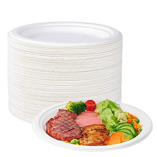 ECOLipak 100% Compostable 10 Inch Heavy Duty Paper Plates, 150 Pack Disposable Biodegradable Eco-friendly Sugarcane Bagasse Plates for Dinner