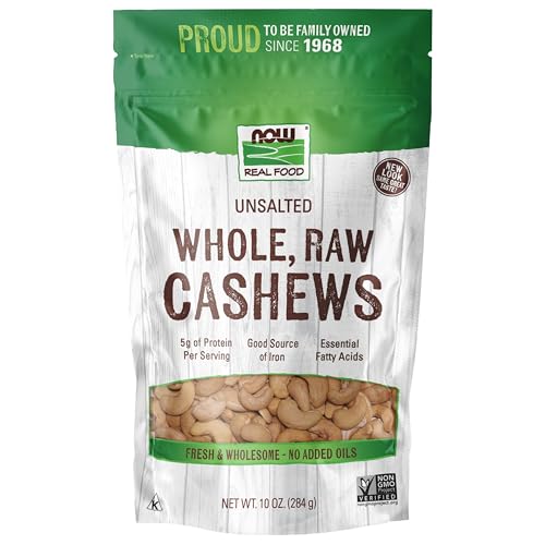 NOW Foods, Whole Cashews, Raw and Unsalted, Source of Fiber, Protein, Iron and Essential Fatty Acids, 10-Ounce (Packaging May Vary)