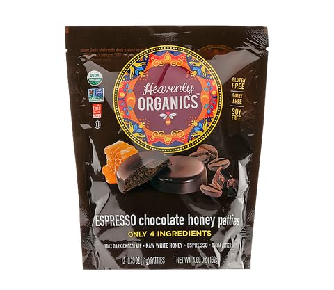 Heavenly Organics Espresso Chocolate Honey Patties (12 Count) | Organic Raw White Honey & Cocoa Treats with Espresso | No Added Sugar, Naturally