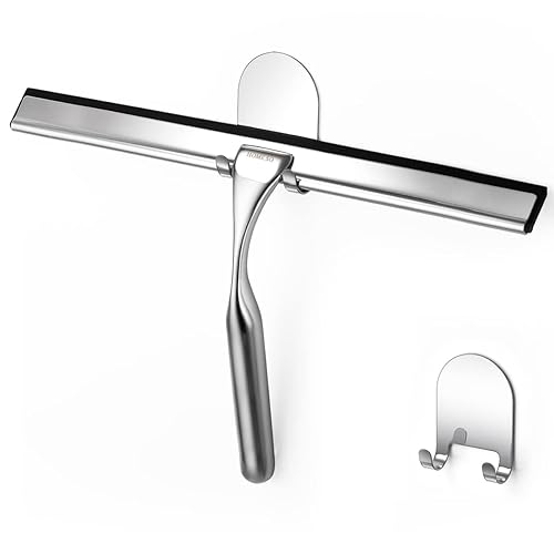 HOME SO Shower Squeegee for Glass Doors - Stainless Steel Squeegee with Adhesive Hooks - Window, Floor & Car Squeegee, Multi-Purpose Bathroom, Mirror
