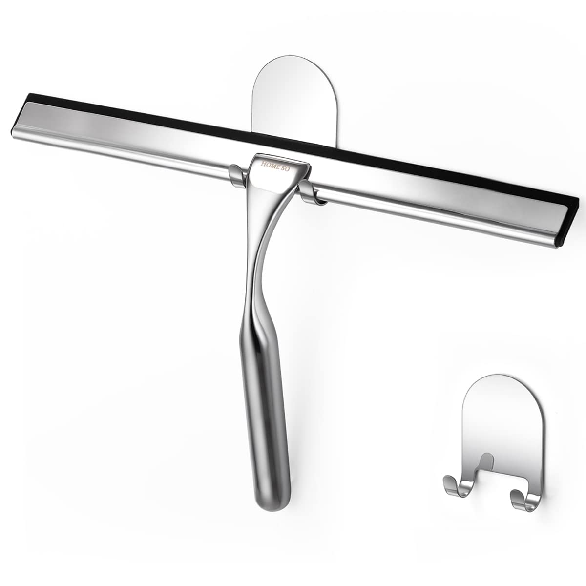 HOME SO Shower Squeegee for Glass Doors - Stainless Steel Squeegee with Adhesive Hooks - Window, Floor & Car Squeegee, Multi-Purpose Bathroom, Mirror