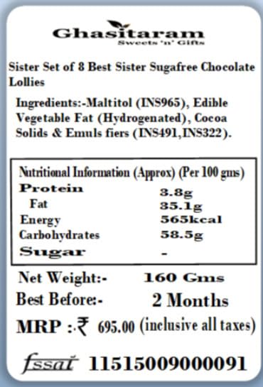 Ghasitaram Gifts Rakhi Gifts for Brothers Rakhi Gifts for Sister Set of 8 Best Sister Sugafree Chocolate Lollies