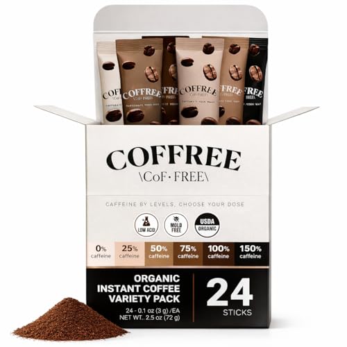 COFFREE Organic Instant Coffee Packets Variety Pack - 0% to 150% Caffeine - Mold Free, Low Acid, Single-Origin Arabica - Individual Single Serve