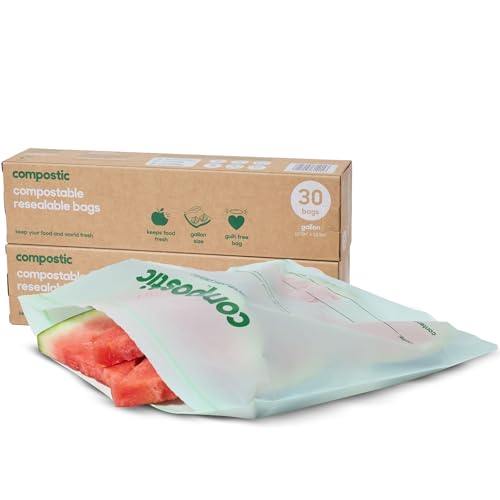 Compostic Compostable Gallon Bags (60 Count) Starter Pack - Resealable Zip-Seal, Plant-Based, Home Compostable, Freezer Safe, BPA-Free, Non-Toxic