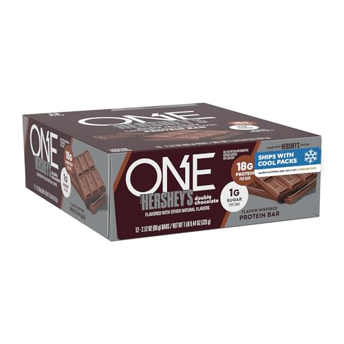 ONE Protein Bars, NEW Hershey's Double Chocolate, Gluten Free with 18g Protein and 3g Sugar, Pantry Staples 2.12 oz (12 Pack)