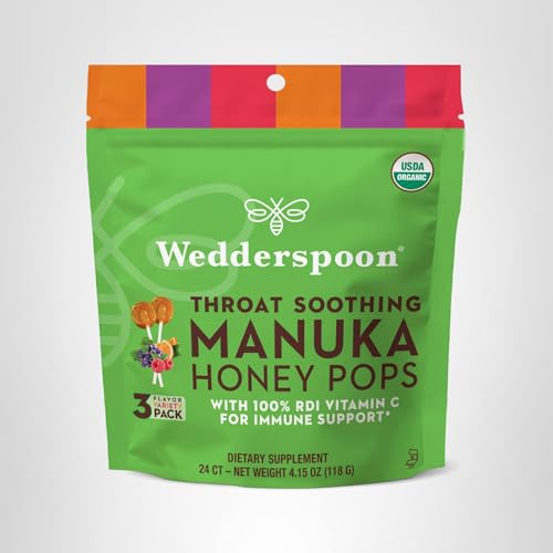 Wedderspoon Organic Manuka Honey Lollipops | Variety Pack | 24 Count | Genuine New Zealand Manuka Honey + Vitamin C | Non-GMO, No Artificial Flavors