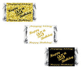 25th Birthday Miniatures Candy Bar Wrapper, (Set of 60) Mini Candy Bar Stickers; 3 Designs: 24 Gold, 24 Black, 12 White, Candy Not Included. Made in