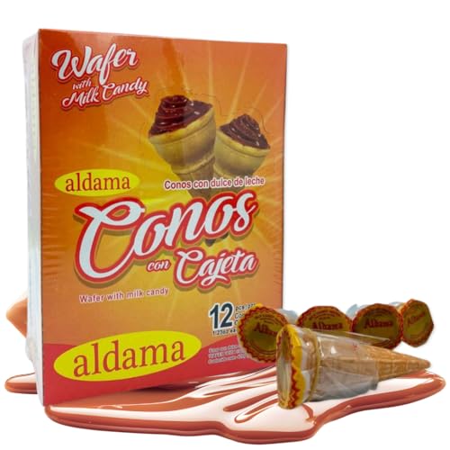 ALDAMA Wafer Milk Candy Cones, Crisp Wafer Shells Filled with Rich Mexican Cajeta Milk Filling (12 pieces)