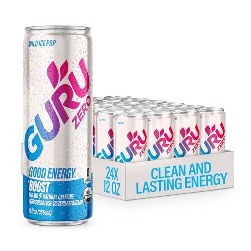 GURU Zero Sugar Organic Energy Drink, Ice Pop, 12 Fl Oz, 24 Pack